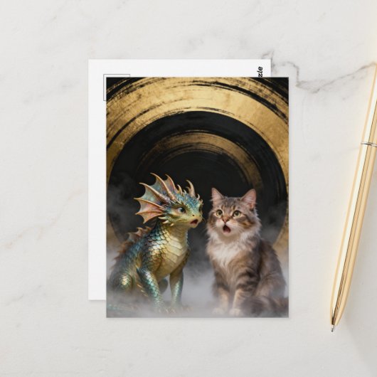 Carte Postale Mythical Cat-Dragon Creatures Surprised (Devant/Arrière en situation)