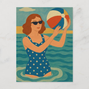 Carte Postale Nageur vintage avec ballon de plage