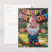 Carte Postale Nain de jardin joyeux avec bannière "Joyeux Annive (Devant / Derrière)