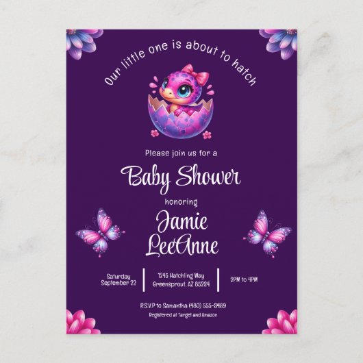 Carte Postale Naissance Imminente de Chic Dinosaure Violet Fête  (Devant)