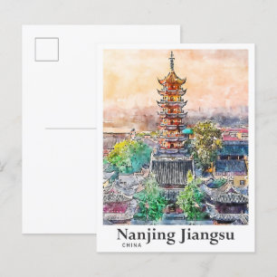 Carte Postale Nanjing Jiangsu Chine Aquarelle Dessin à la main