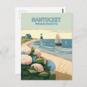 Carte Postale Nantucket Beach Hydrangeas Lighthouse Rétro (Devant / Derrière)