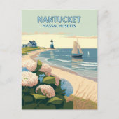 Carte Postale Nantucket Beach Hydrangeas Lighthouse Rétro (Devant)