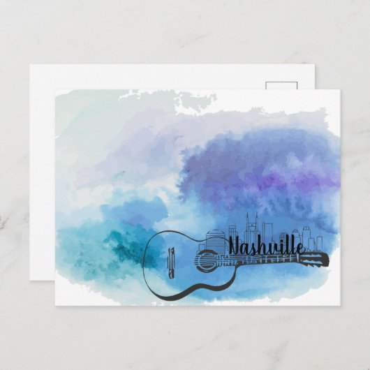 Carte Postale Nashville Skyline Guitare Aquarelle Design (Devant / Derrière)