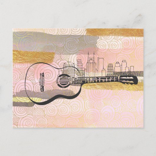 Carte Postale Nashville Skyline Guitare Aquarelle Design (Devant)