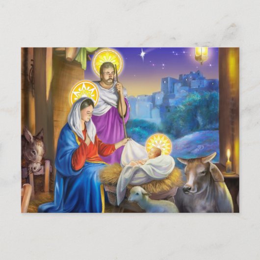 Carte Postale Nativité de Jésus avec Josef et Marie, vaches, âne (Devant)