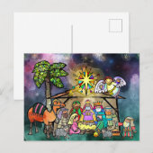 Carte Postale Nativité de Noël aquarelle Doodle Scène (Devant / Derrière)