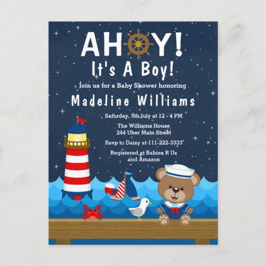 Carte Postale Nautical Boy Bear Baby shower rouge et marine (Devant)