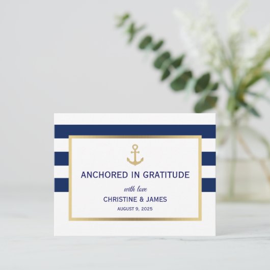 Carte Postale Nautical Navy Bleu Blanc Rayures Merci Mariage (Debout devant)