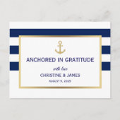 Carte Postale Nautical Navy Blue Blanc Rayures Merci Mariage (Devant)