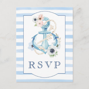 Carte Postale Nautique Floral Blue Stripes Plage Mariage RSVP