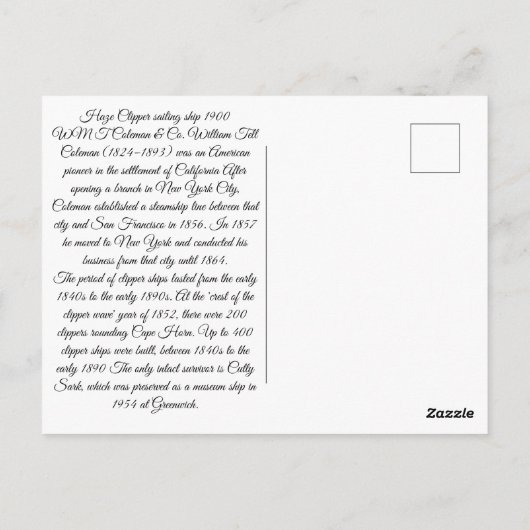 Carte Postale Navire à voile Haze Clipper 1900 (Dos)