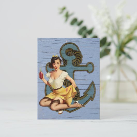 Carte Postale navire côtier bleu et ancre piscine fille (Debout devant)