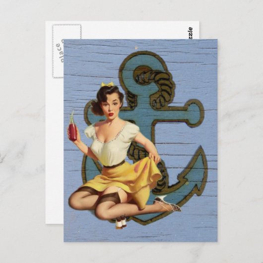 Carte Postale navire côtier bleu et ancre piscine fille (Devant / Derrière)