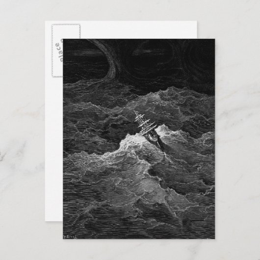 Carte Postale Navire en mer tempétueuse (Devant / Derrière)