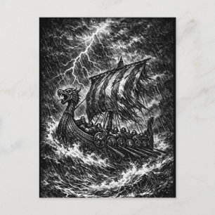 Carte Postale Navire long Viking dans la tempête — Ink Saga Art