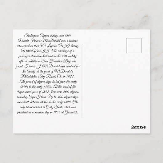 Carte Postale Navire Shakespere Clipper 1861 (Dos)