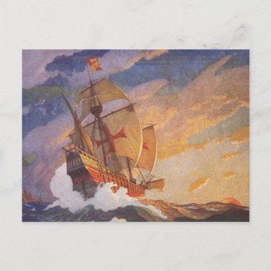 Carte Postale Navires de Christophe Colomb en mer par N.C. Wyeth (Devant)
