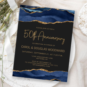 Carte Postale Navy Blue Agate Or Doré Foncé 50e Anniversaire