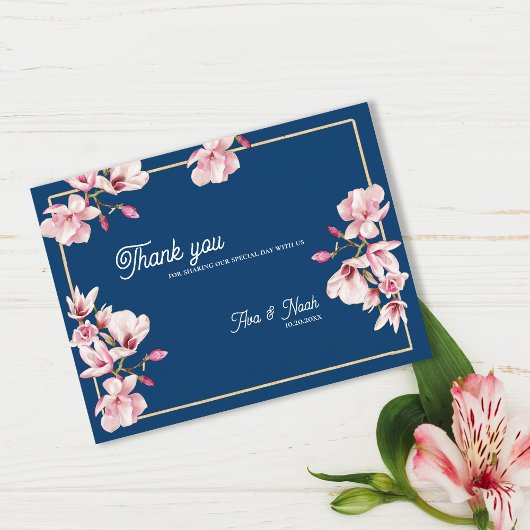 Carte Postale Navy Blue Magnolia Floral Wedding Thank You