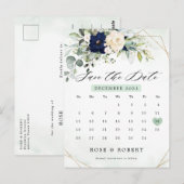 Carte Postale Navy Blush Floral Green Calendrier Enregistrer la (Devant / Derrière)