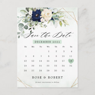 Carte Postale Navy Blush Floral Green Calendrier Enregistrer la 
