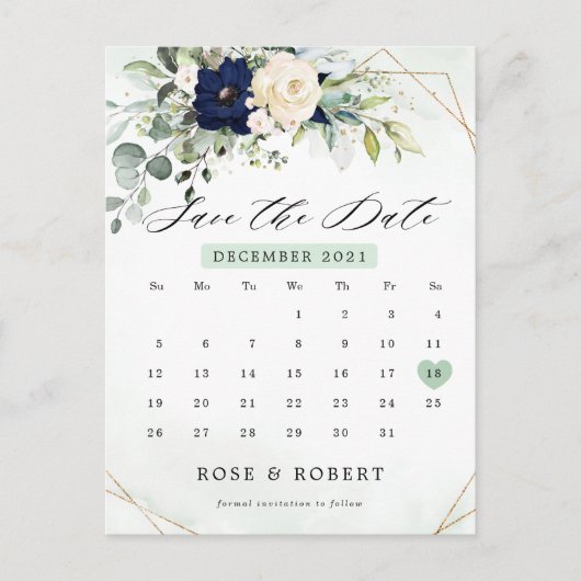 Carte Postale Navy Blush Floral Green Calendrier Enregistrer la (Devant)
