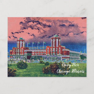 Carte Postale Navy Pier Chicago 1920's Watercolor Art Windy City