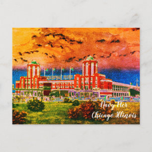 Carte Postale Navy Pier Chicago 1920's Watercolor Art Windy City