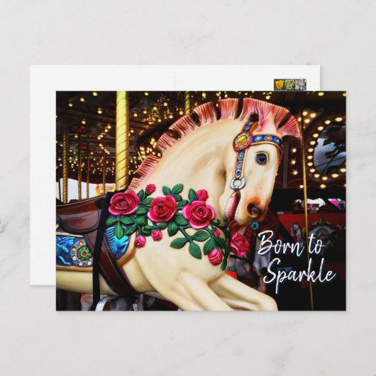Carte Postale Né à Sparkle Carousel Horse Photo Calligraphie (Devant / Derrière)