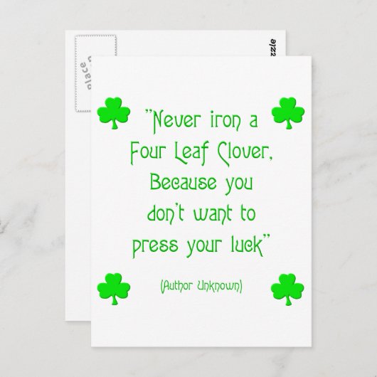 Carte Postale Ne jamais repasser un trèfle à quatre feuilles.... (Devant / Derrière)