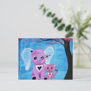 Carte Postale Ne m'oubliez pas éléphant rose chat cerisier art