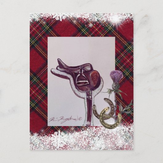 Carte Postale neige, plaid et équestre thème, avec selle (Devant)