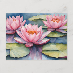 Carte Postale Nénuphars roses aquarelle dans l'étang