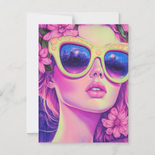 Carte Postale Neon Dream Girl avec lunettes de soleil florales