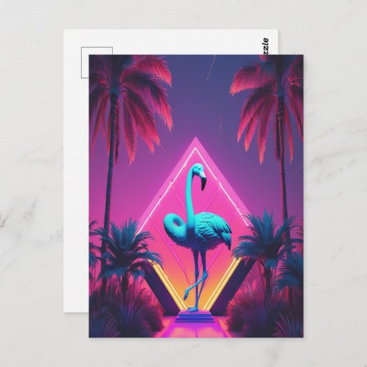 Carte Postale Neon Flamant rose Palmiers Vaporwave Esthétique (Devant / Derrière)