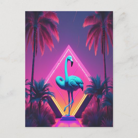 Carte Postale Neon Flamant rose Palmiers Vaporwave Esthétique (Devant)