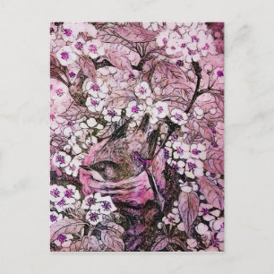 CARTE POSTALE NEST D'OISEAU, ARBRE AUX FLEURS DE PRINTEMPS ROUGE