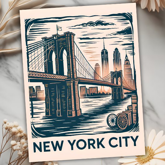 Carte Postale New York City Brooklyn Bridge Bold Retro Skyline