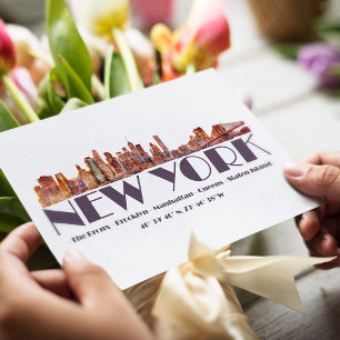 Carte Postale New York City Skyline. Boroughs et coordonnées