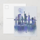Carte Postale New York Skyline - Aquarelle bleue (Devant / Derrière)