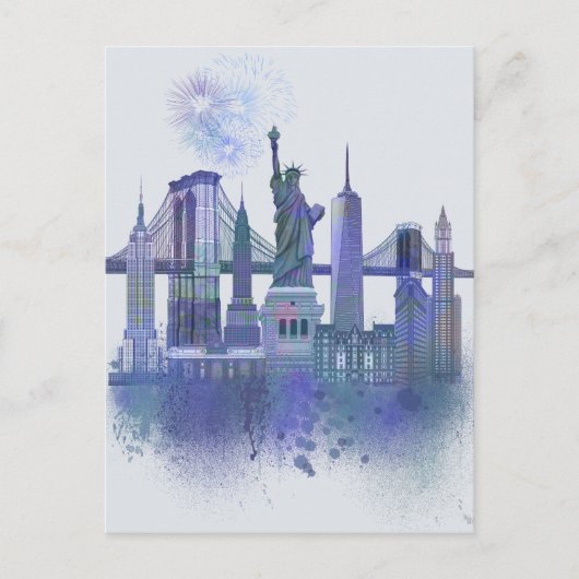 Carte Postale New York Skyline - Aquarelle bleue (Devant)