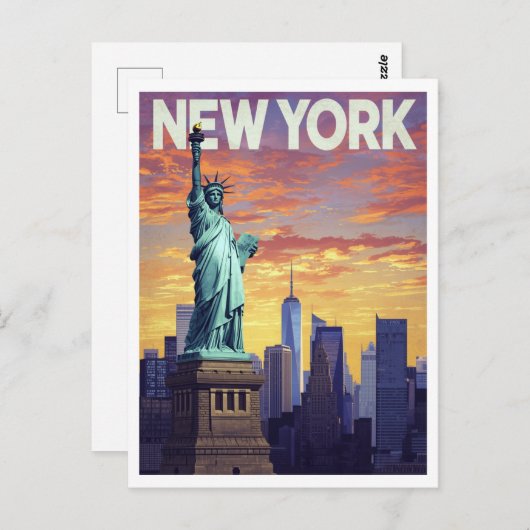 Carte Postale New York Travel Poster: Statue of Liberty Sunset (Devant / Derrière)