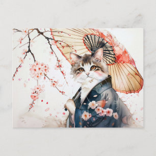 Carte Postale Noble Geisha Chat avec parapluie de bambou en chin
