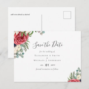 Carte Postale Noces Fleurie de Navy Rouge Profond avec Feuillage
