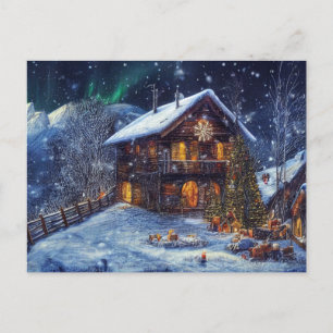 Carte Postale Noël à la montagne. Chalet avec aurore boréale