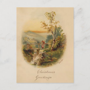Carte Postale Noël à l'aquarelle vintage Arbre et pont de boul