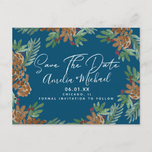 Carte Postale Noël Aquarelle Cônes de Pin Save the Date