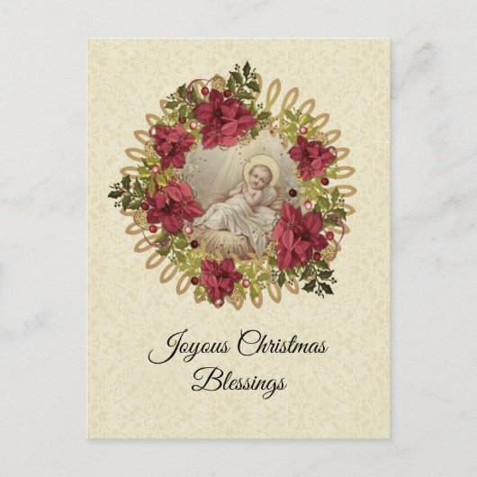 Carte Postale Noël Bébé Jésus en Manger Floral Pointsettia (Devant)