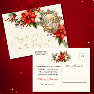 Carte Postale Noël Bébé Jésus Poinsettias Joyeux Noël